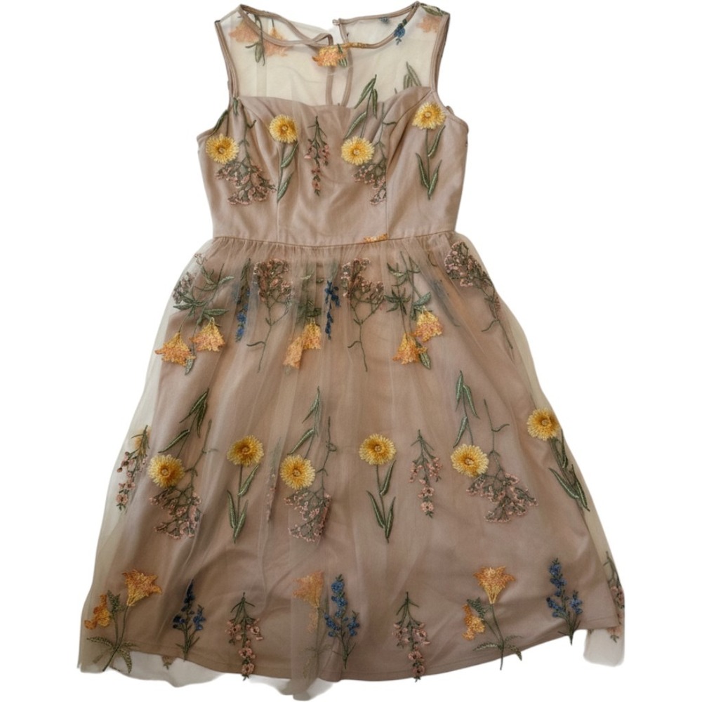 Jessica Howard Petite Floral Embroidered Mesh Fit‎ & Flare Dress Taupe 4P